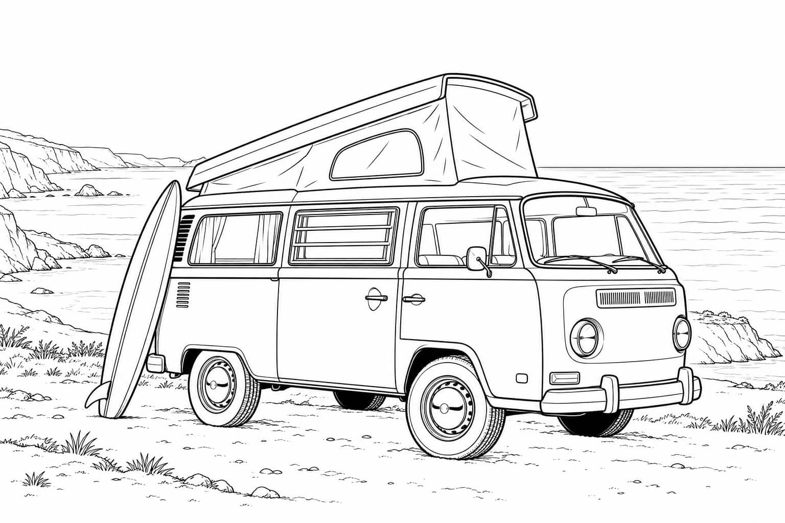 Realistischer klassischer Camper an der Küste – Ausmalbild in Schwarz-Weiß