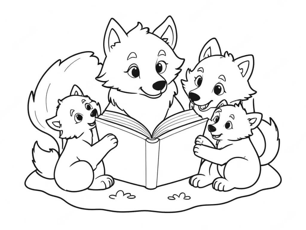 Wolf-Familie liest Geschichten Ausmalbild