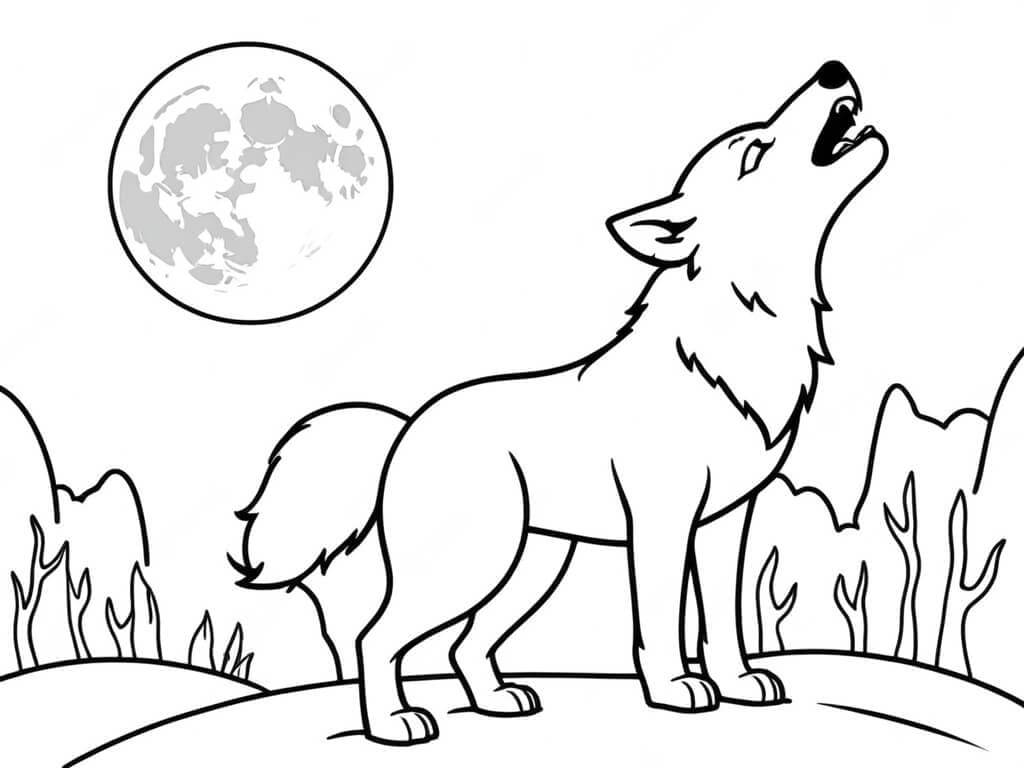 Wolf heult zum Mond Ausmalbild
