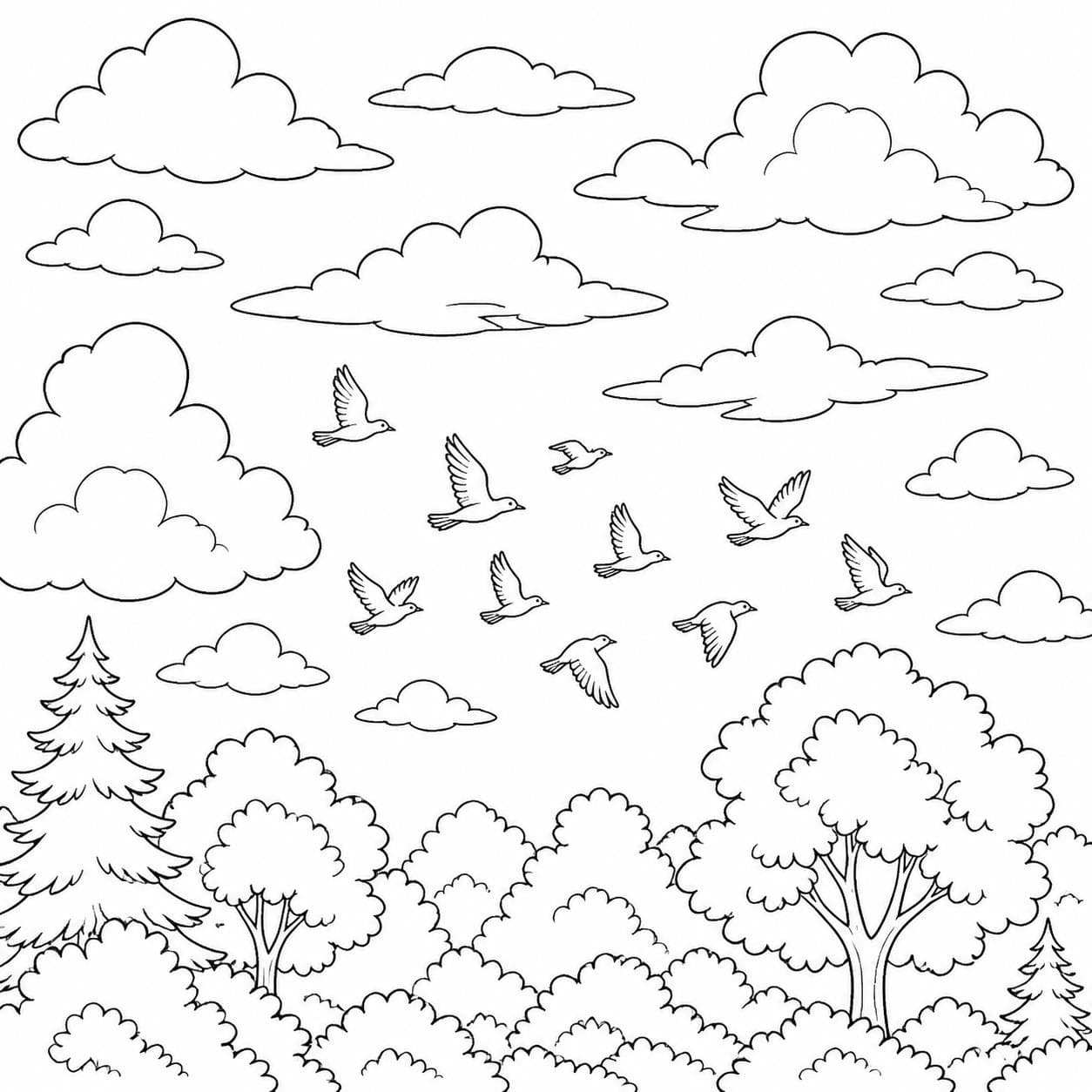 Wolkenhimmel mit Vögeln Ausmalbild
