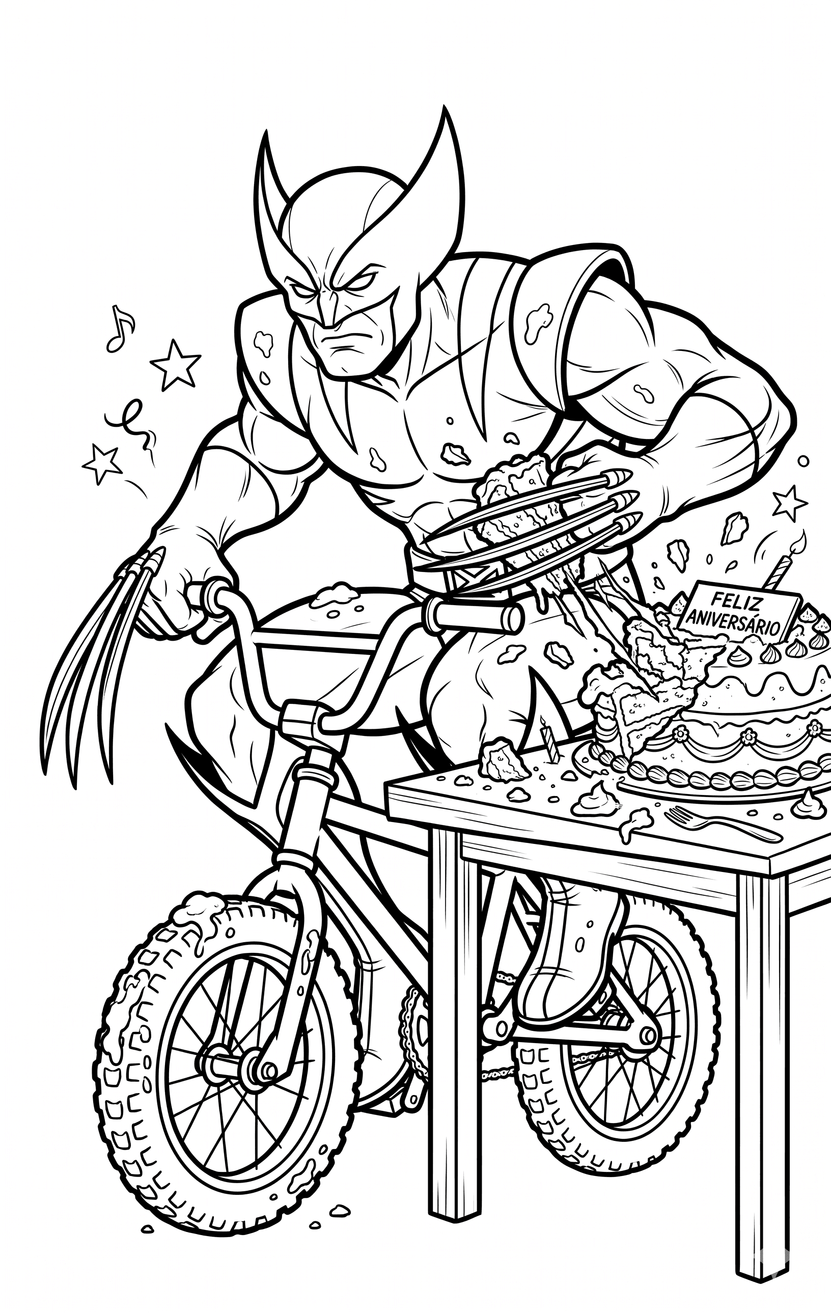 Wolverine stiehlt Kuchen auf Fahrrad Ausmalbild