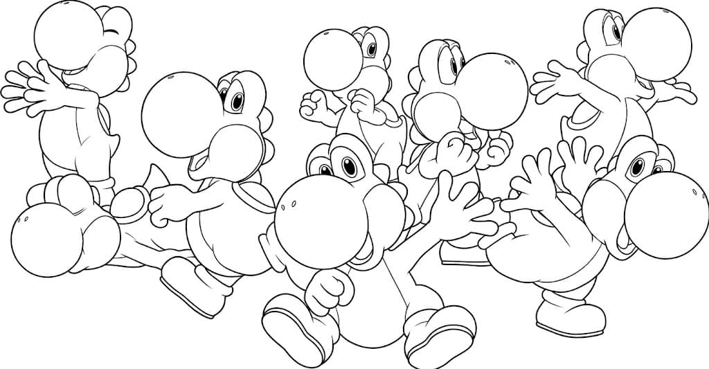 Mehrere Yoshis – kostenlose Yoshi Malvorlage zum Ausdrucken
