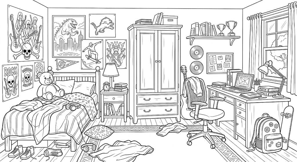 Detailliertes Jugendzimmer Ausmalbild