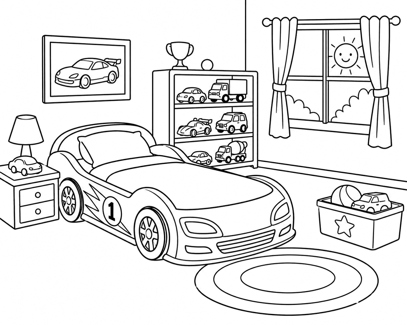 Kinderzimmer mit Autobett Ausmalbild