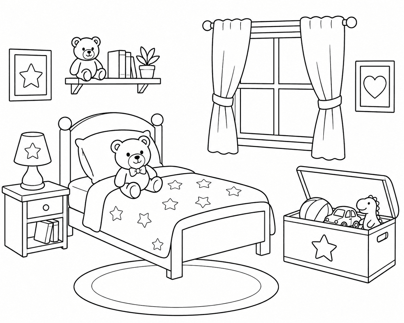 Kinderzimmer mit Spielzeug Ausmalbild