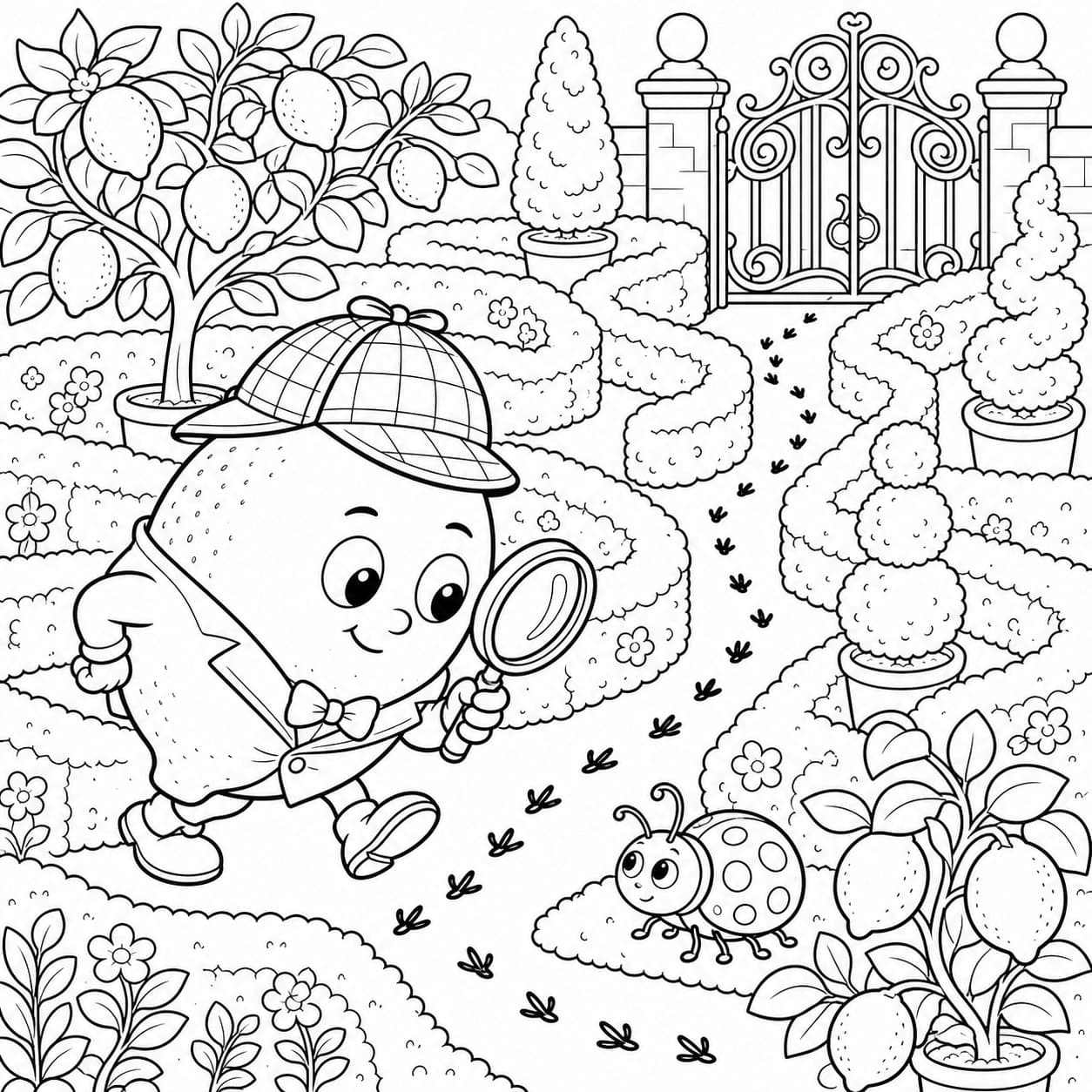 Detektiv Zitrone im Gartenlabyrinth Ausmalbild