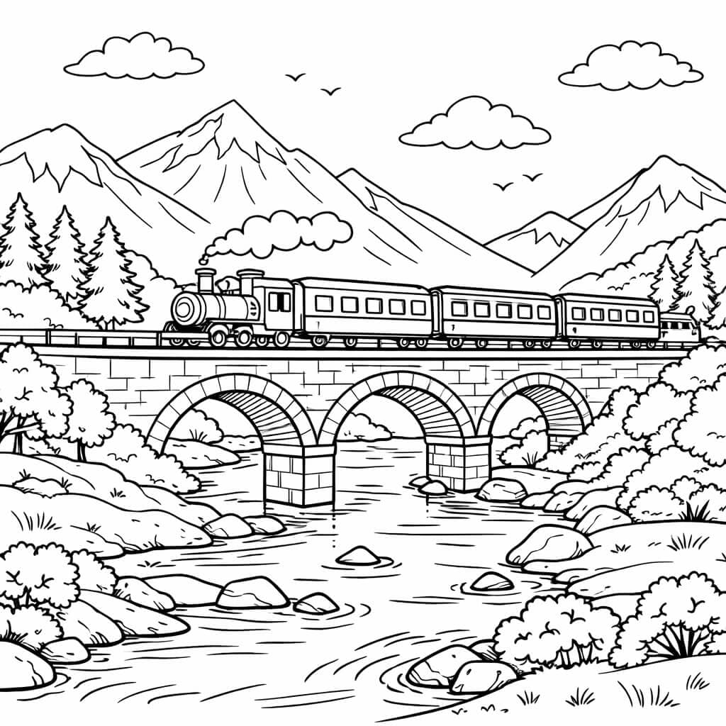 Zug auf Brücke Ausmalbild