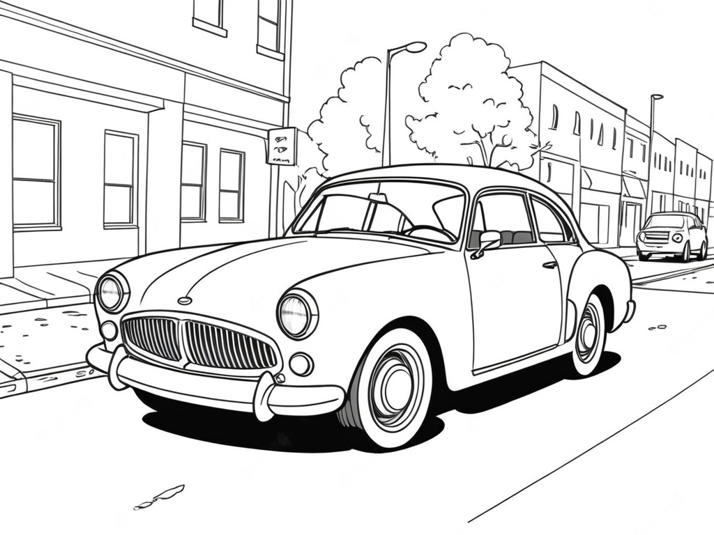 Retro oldtimer strassenszene ausmalbild zum Ausmalen