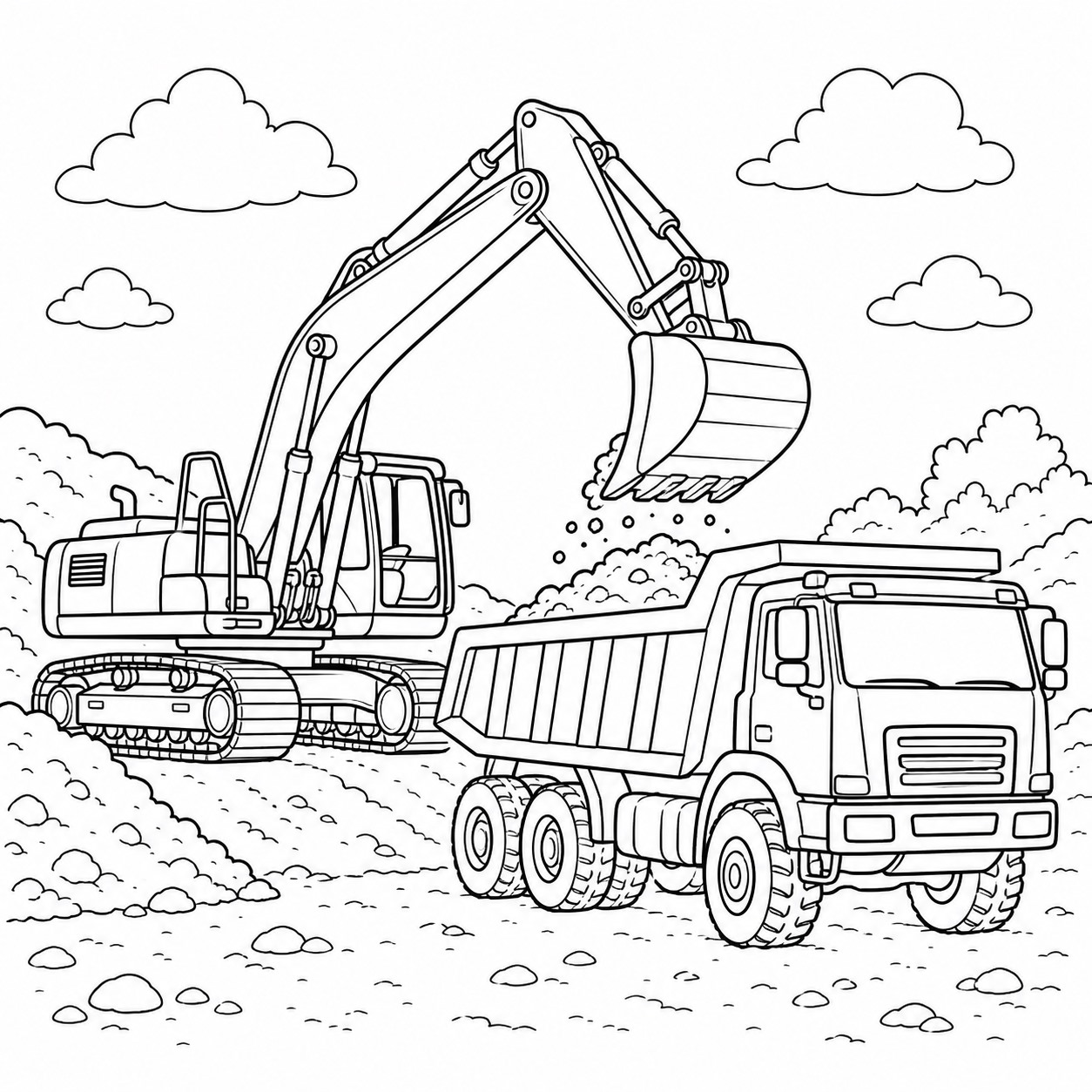 Bagger laedt einen lkw ausmalbild zum Ausmalen