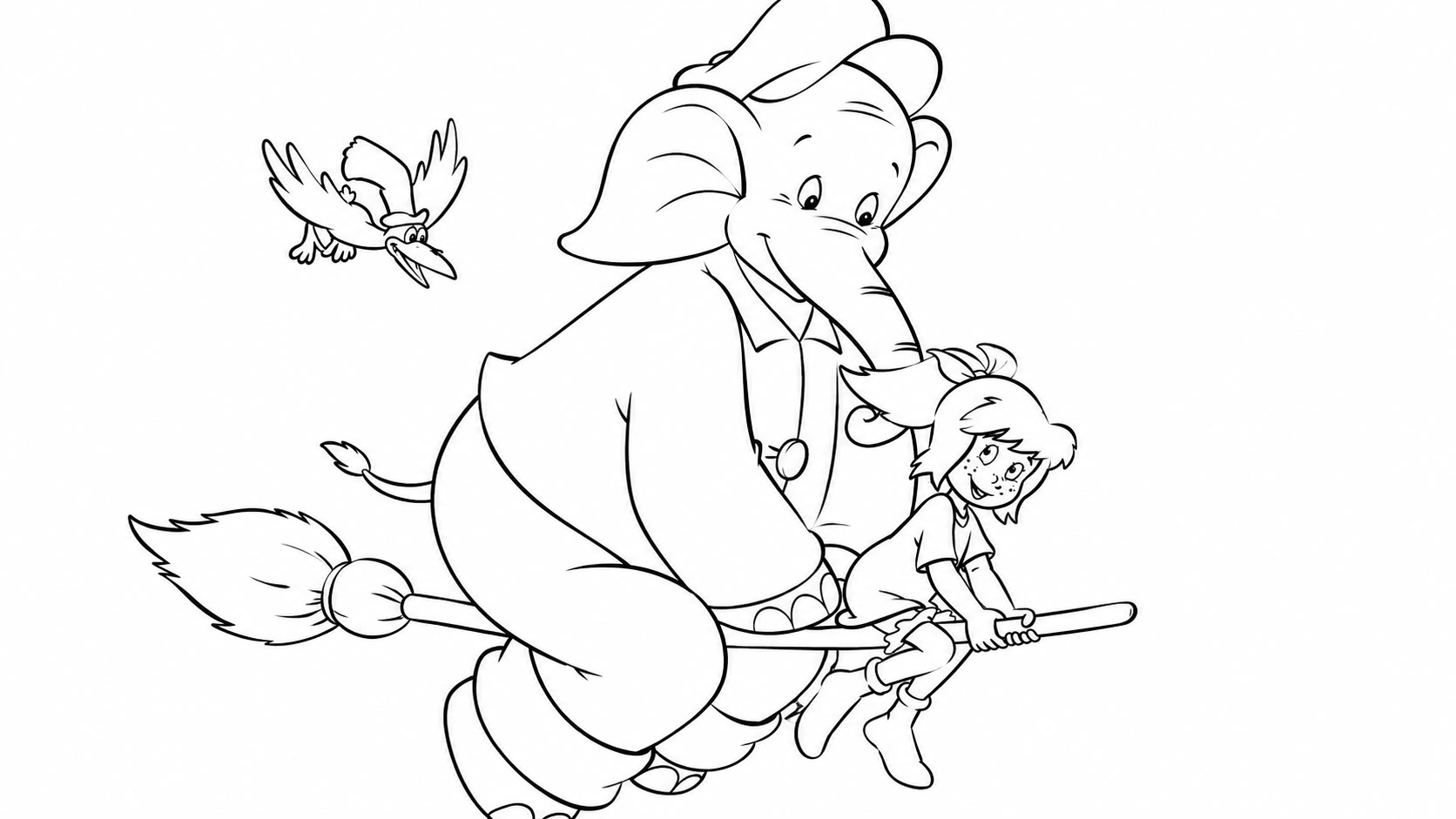 Benjamin der elefant fliegt auf dem besen ausmalbild zum Ausmalen