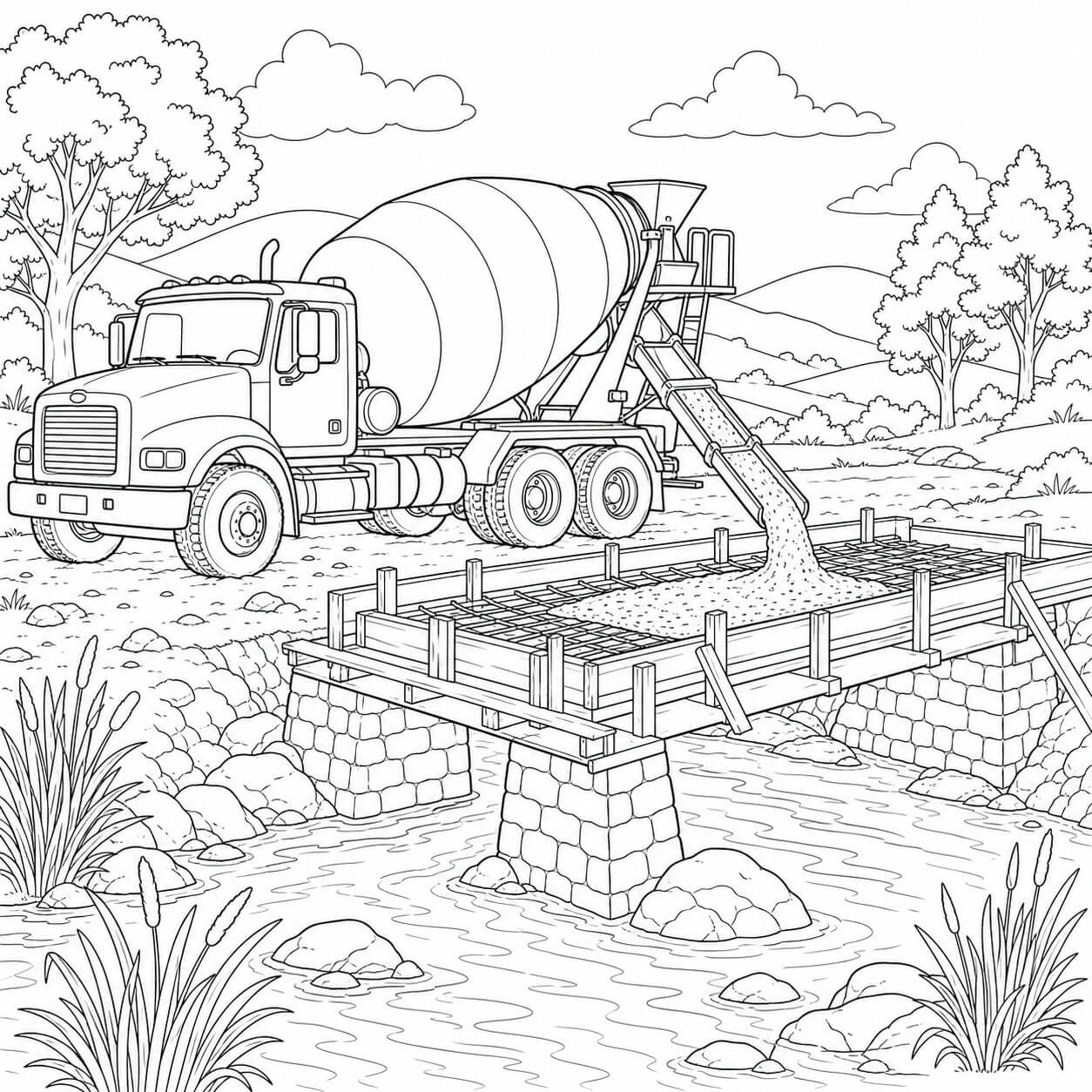 Betonmischer beim brueckenbau ausmalbild zum Ausmalen