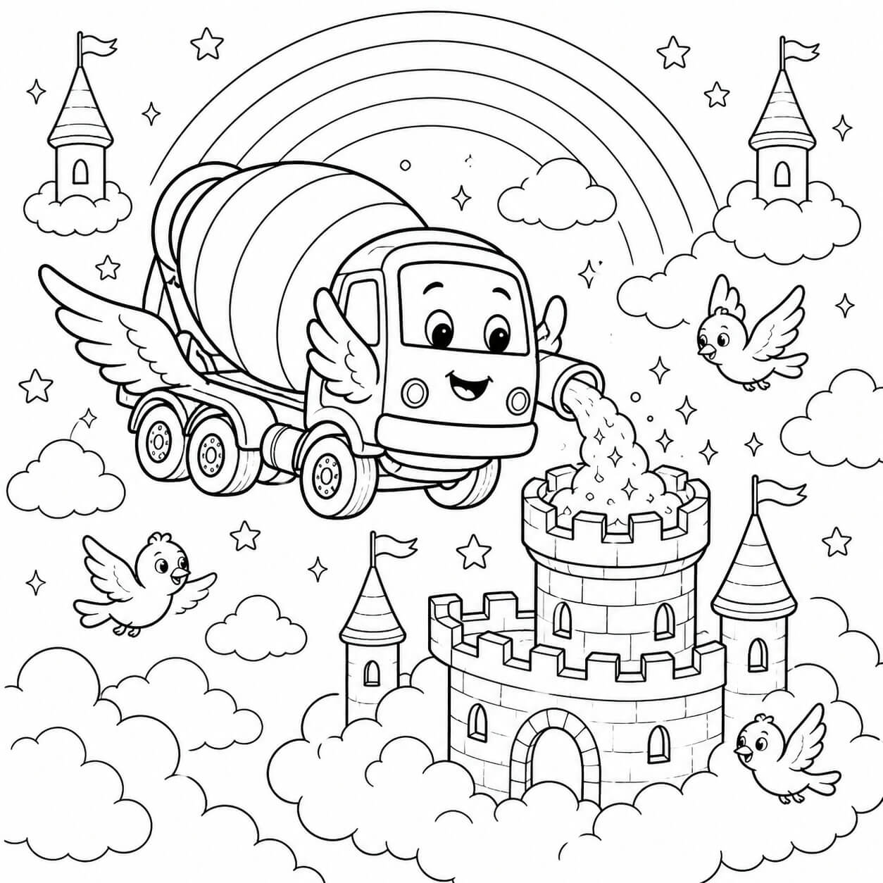 Fliegender betonmischer baut wolkenschloss ausmalbild zum Ausmalen