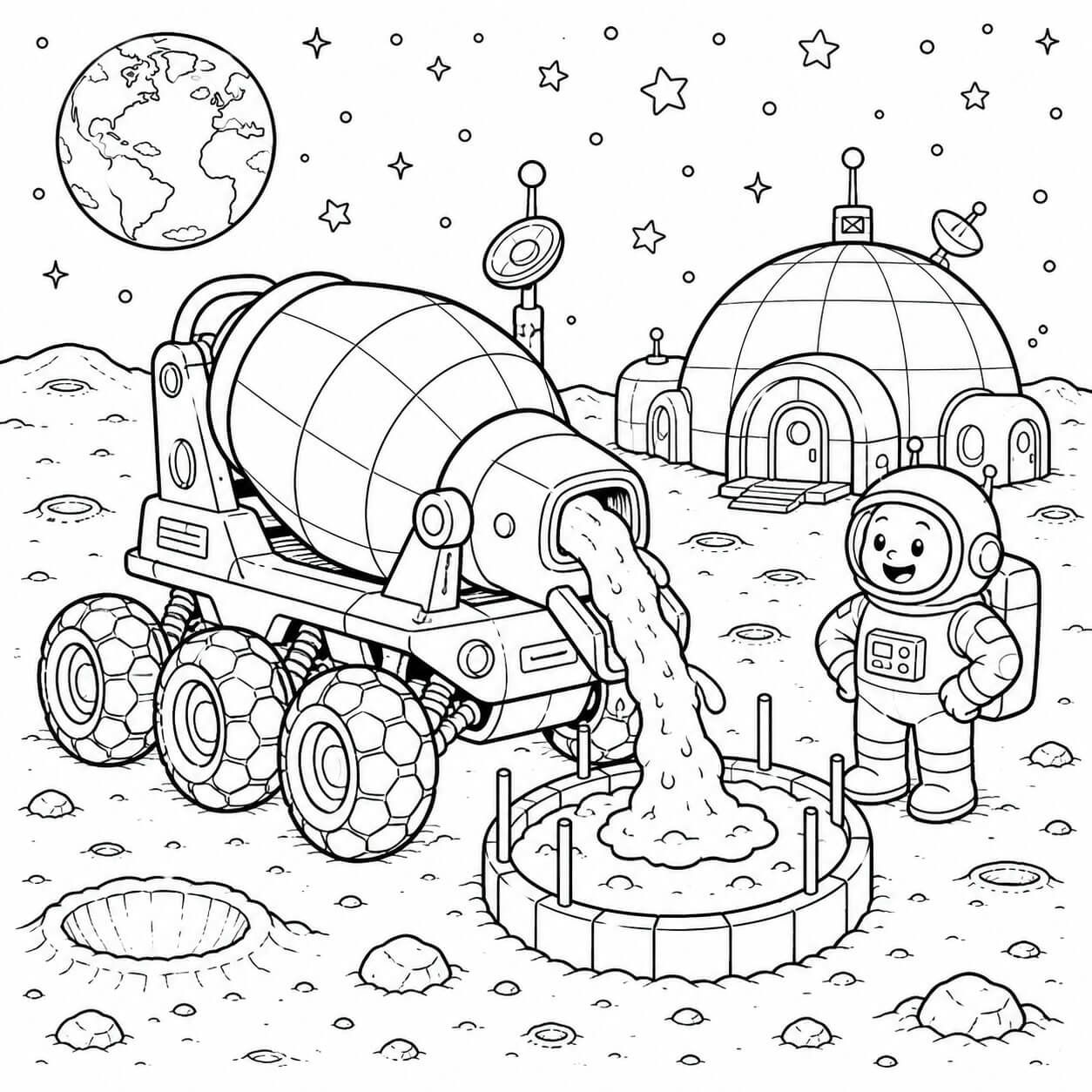 Weltraum betonmischer auf dem mond ausmalbild zum Ausmalen