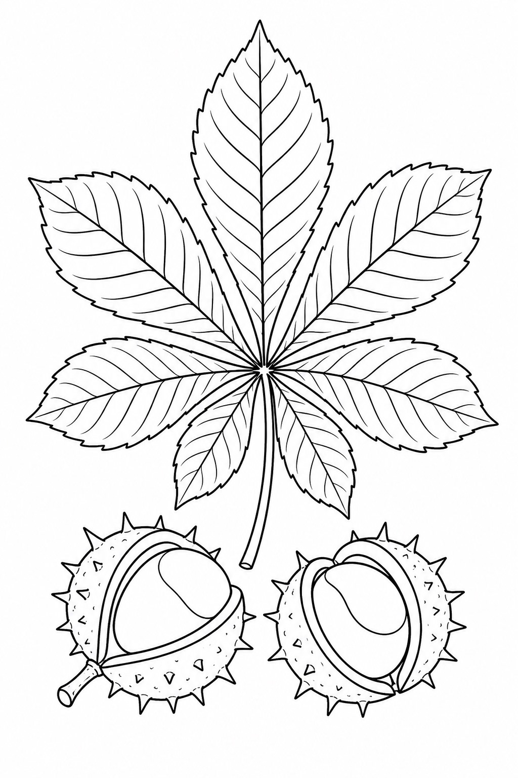 Kastanienblatt mit kastanien ausmalbild zum Ausmalen