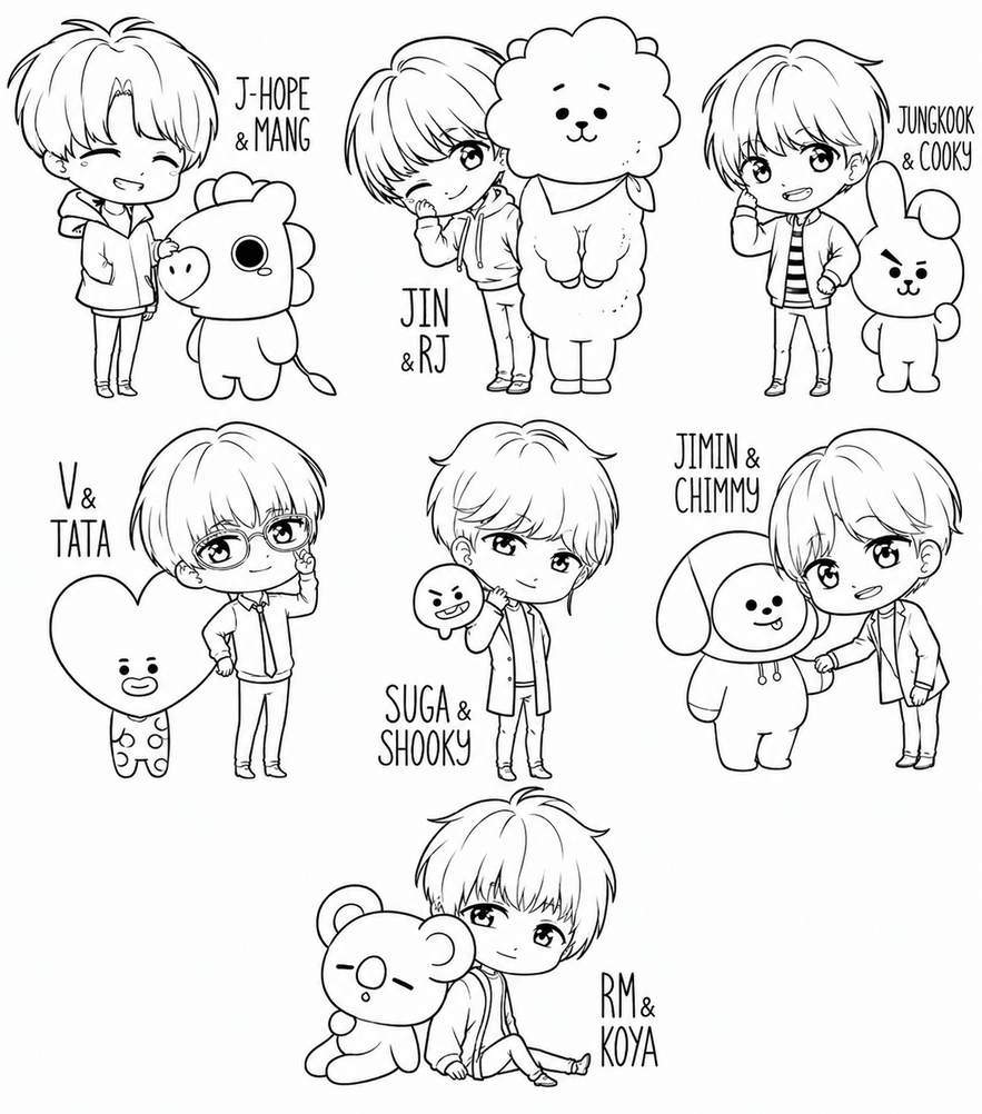 Bts mit bt21 charakteren ausmalbild zum Ausmalen
