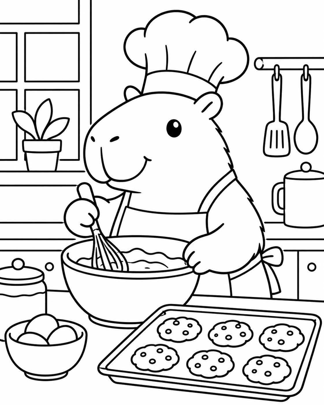 Capybara als koch ausmalbild zum Ausmalen