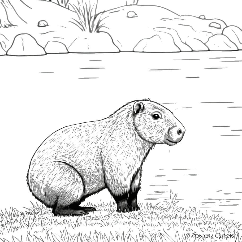 Capybara am fluss ausmalbild zum Ausmalen
