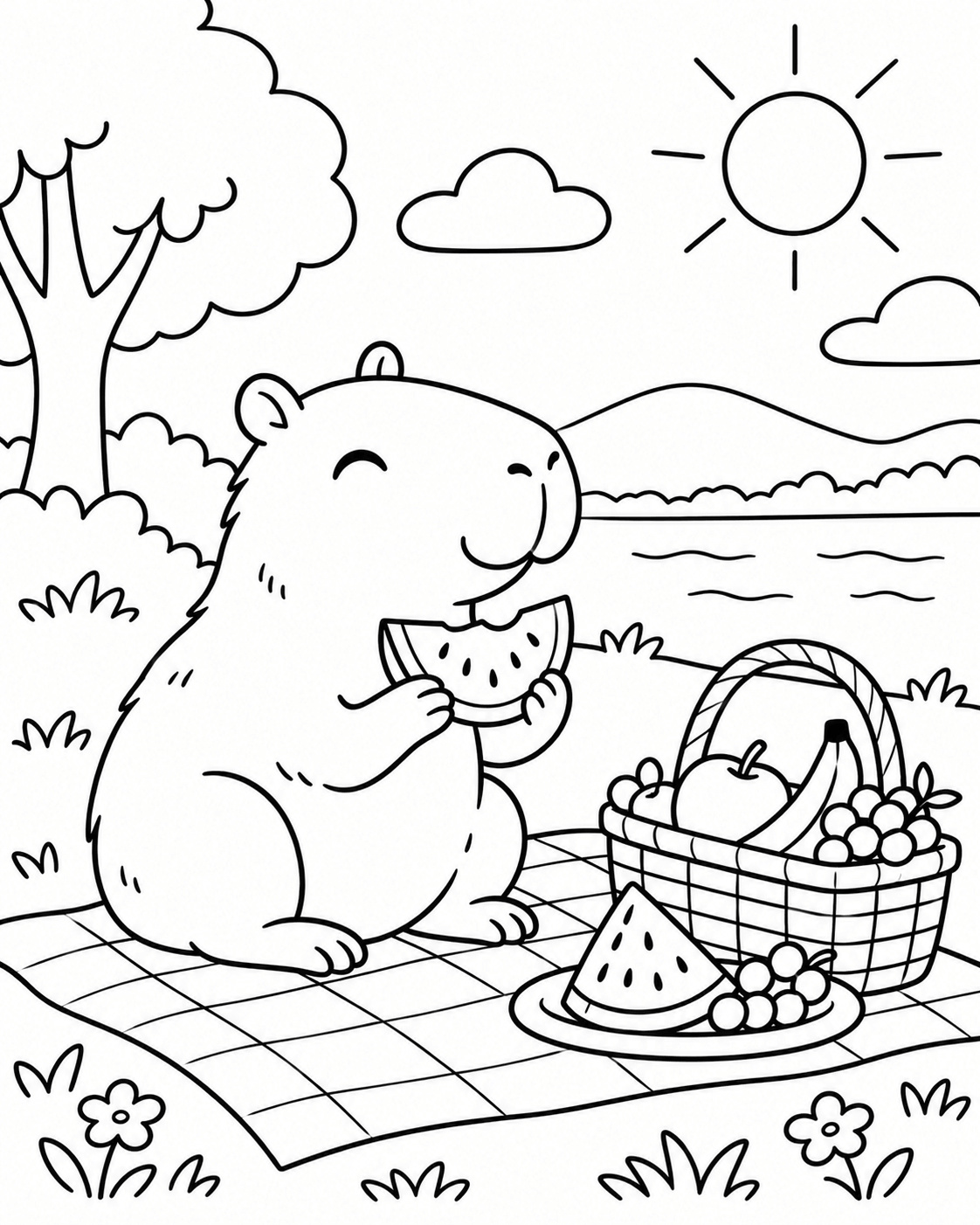 Capybara beim picknick ausmalbild zum Ausmalen