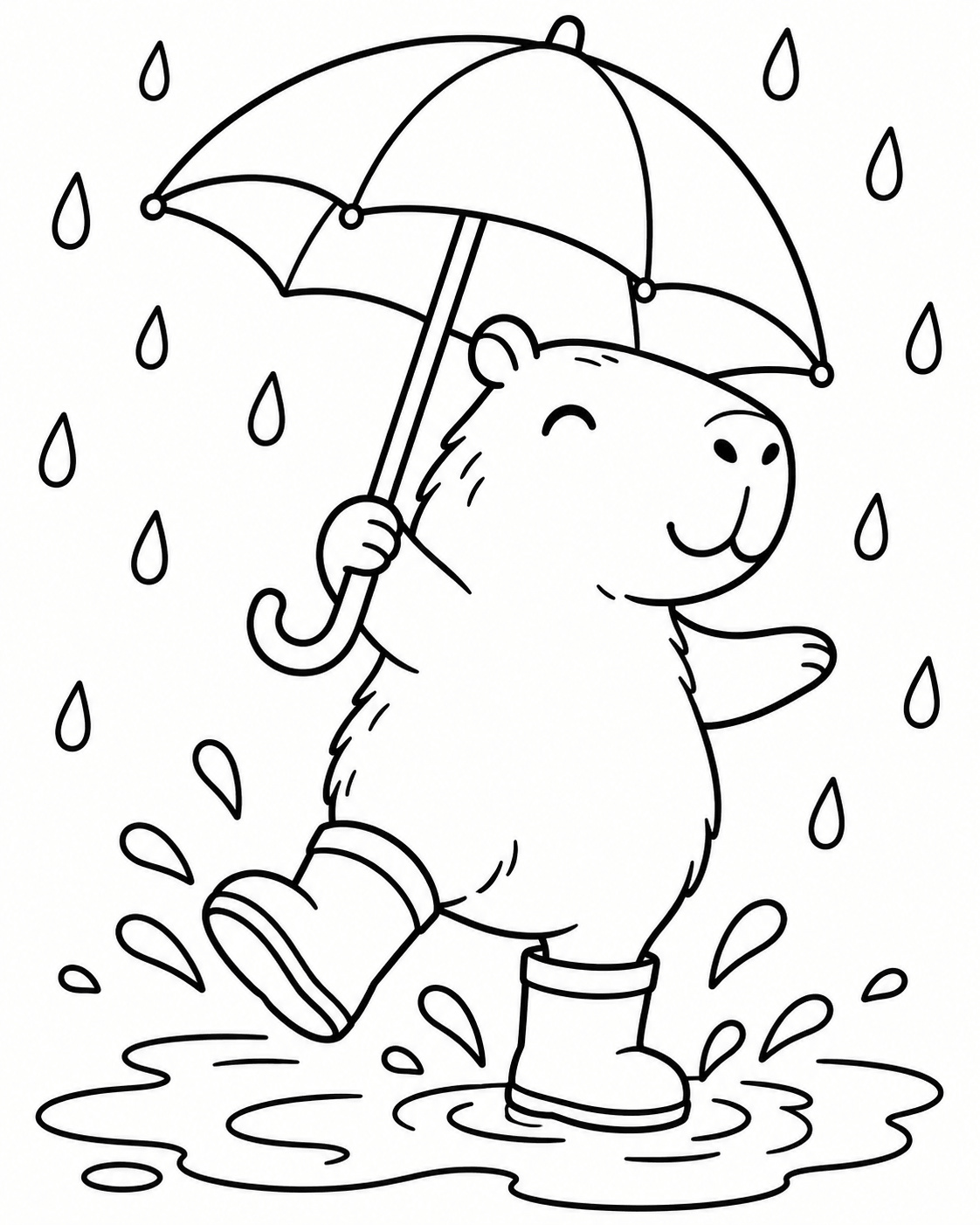 Capybara im regen ausmalbild zum Ausmalen