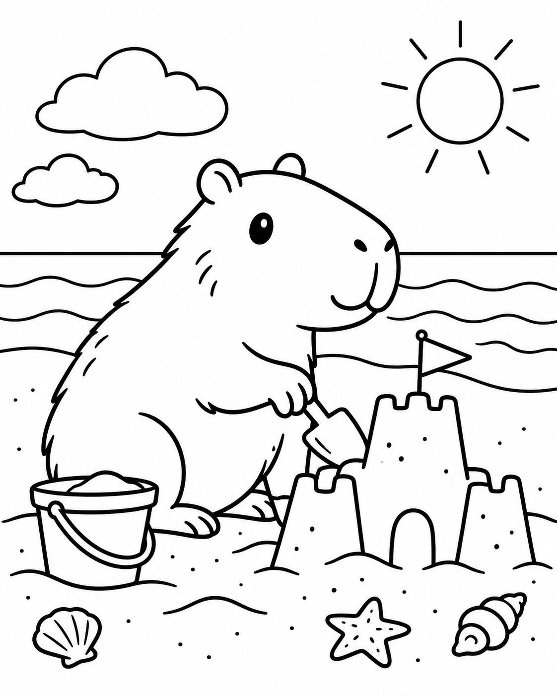Capybara mit sandburg ausmalbild zum Ausmalen