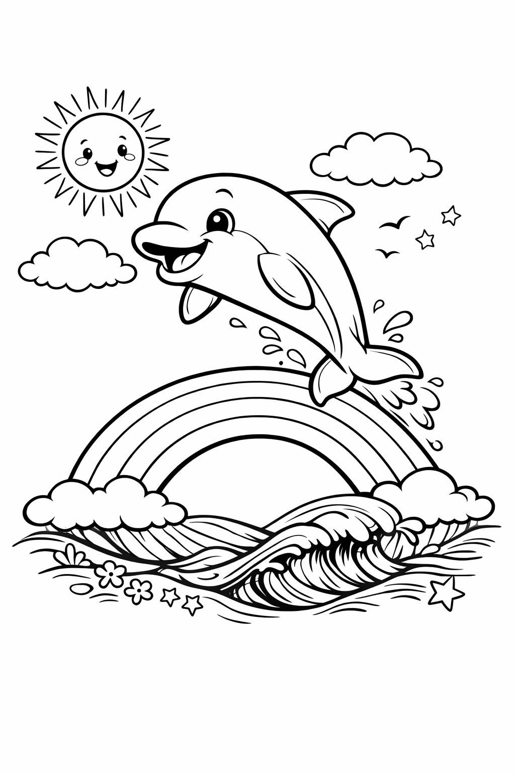 Delfin springt ueber regenbogen ausmalbild zum Ausmalen