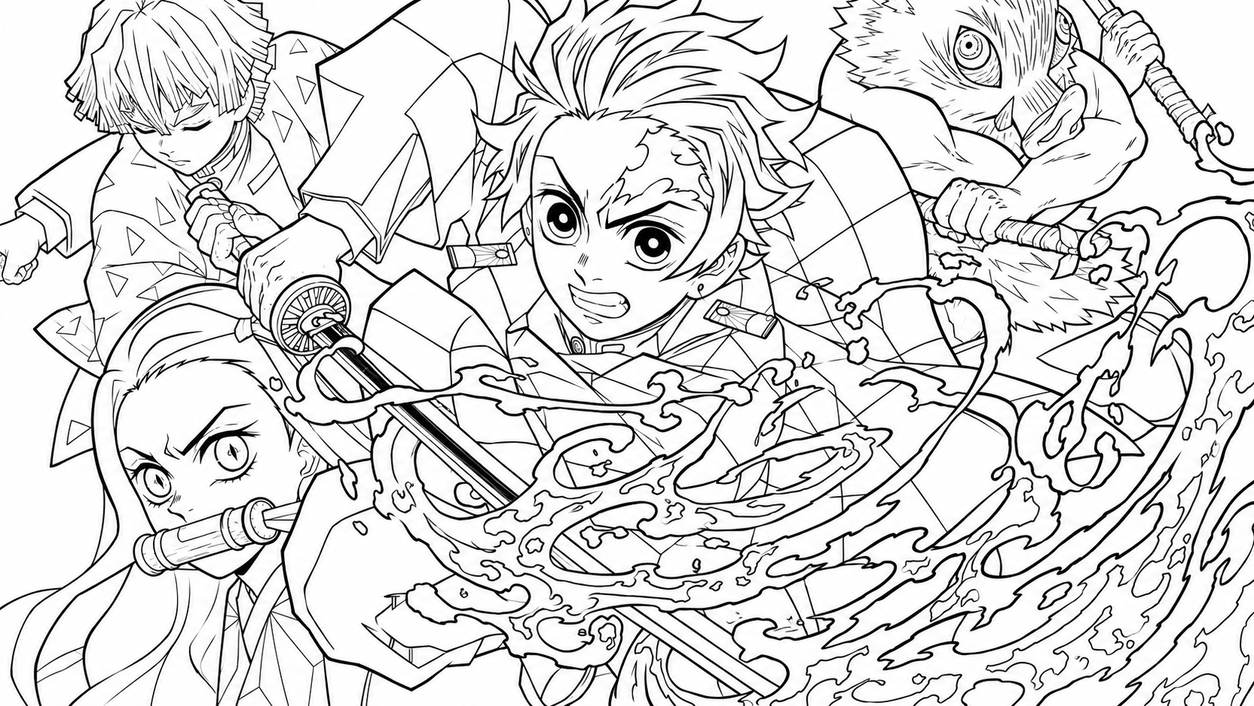 Demon slayer charaktere in aktion ausmalbild zum Ausmalen