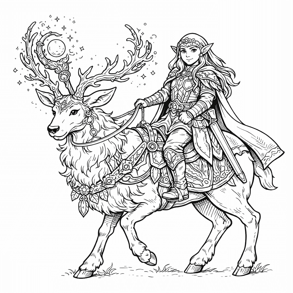 Elf auf magischem hirsch ausmalbild zum Ausmalen