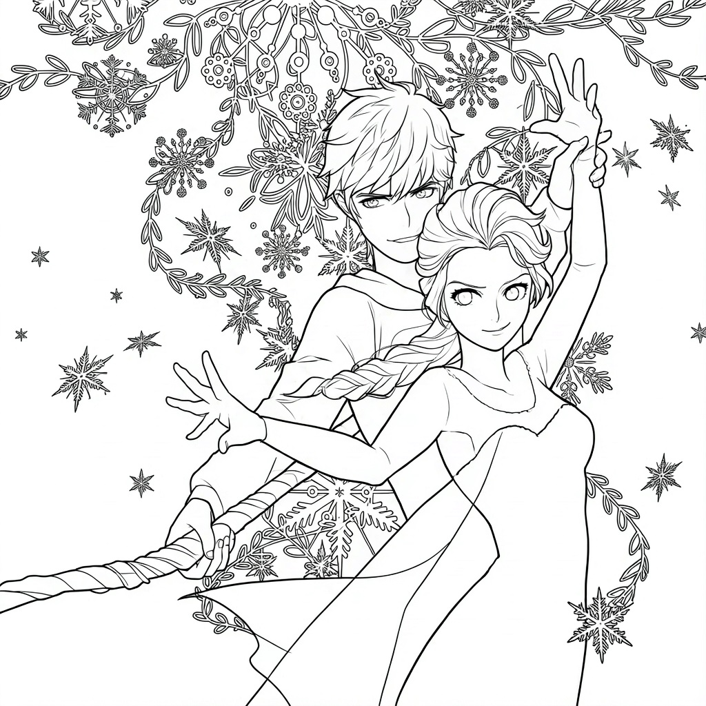 Elsa und jack frost mit schneeflocken ausmalbild zum Ausmalen