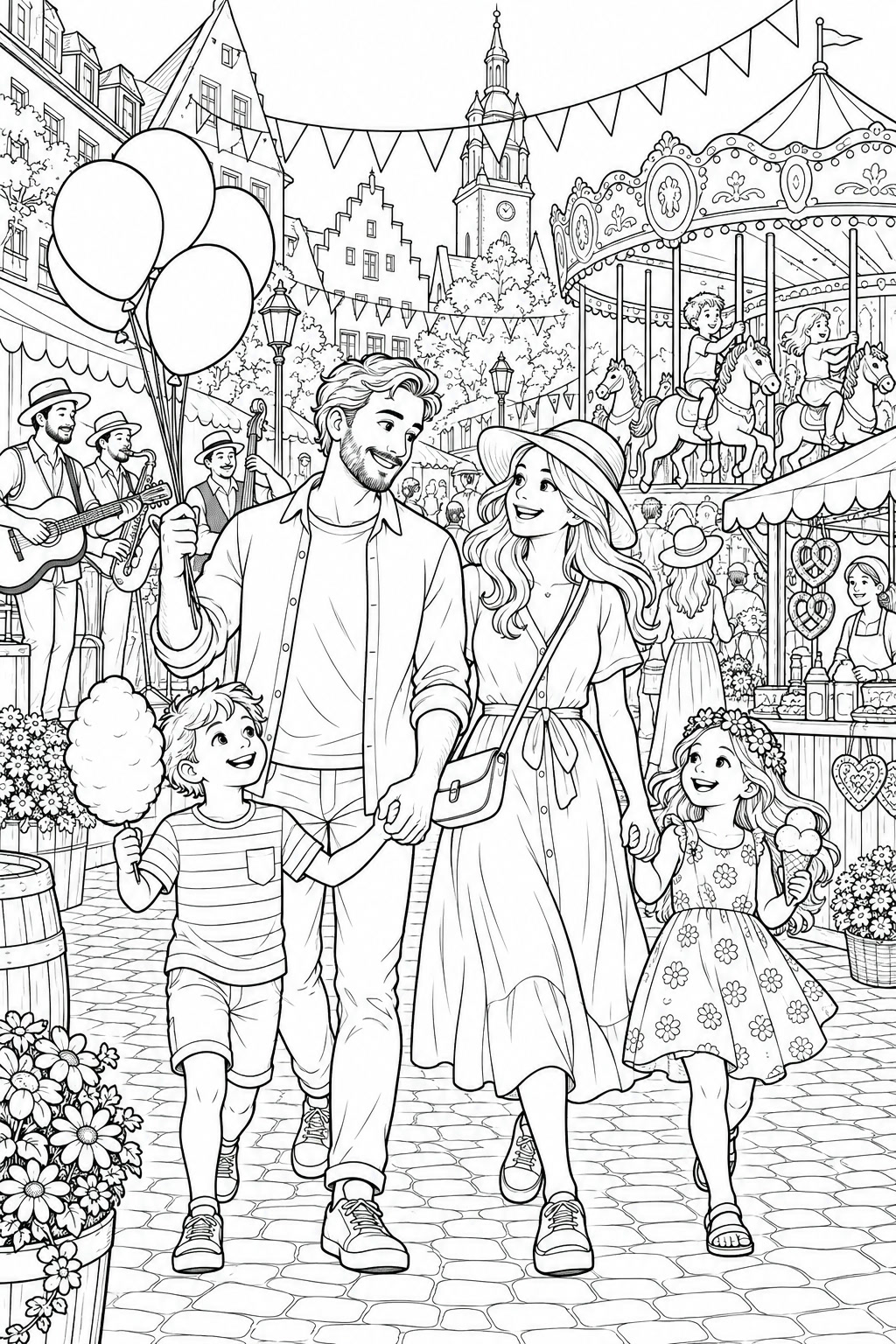 Familie auf dem stadtfest ausmalbild zum Ausmalen