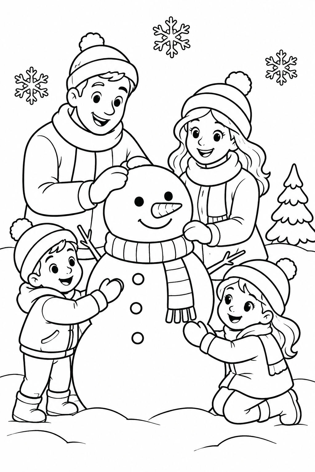 Familie baut schneemann ausmalbild zum Ausmalen