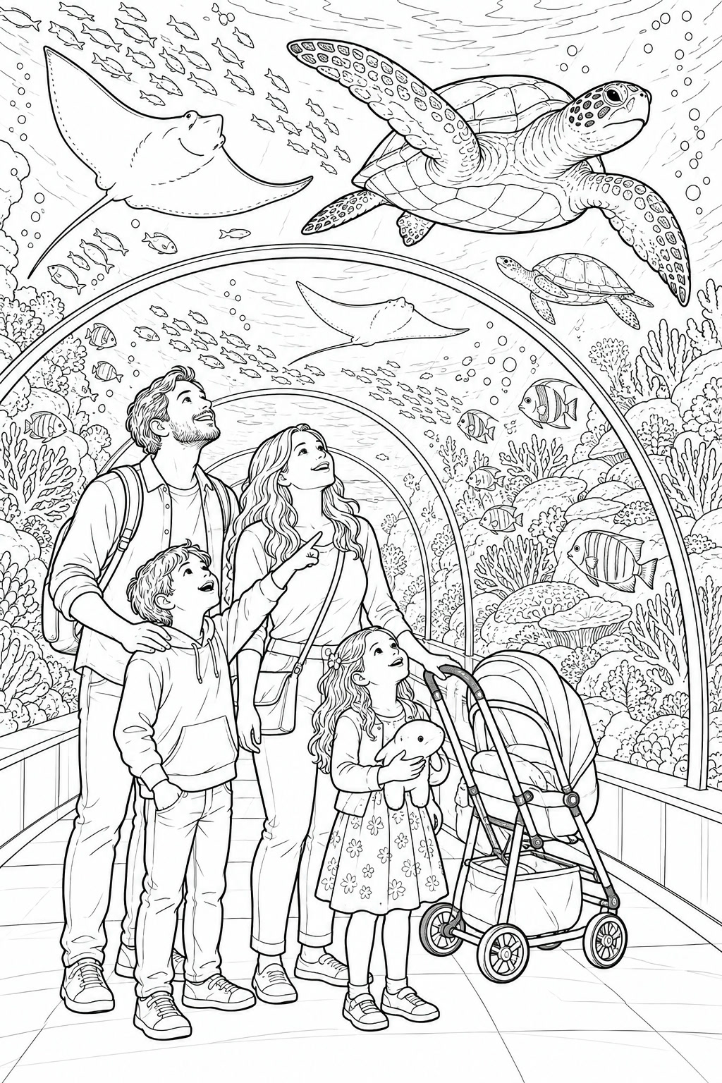 Familie im aquarium ausmalbild zum Ausmalen