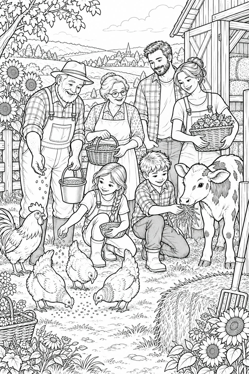 Grossfamilie auf dem bauernhof ausmalbild zum Ausmalen
