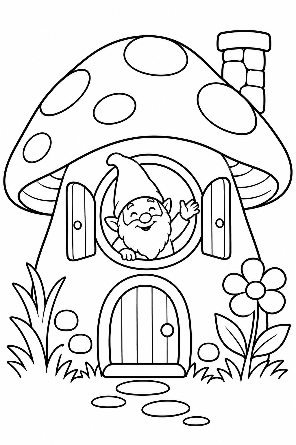 Pilzhausfenster mit wichtel ausmalbild zum Ausmalen