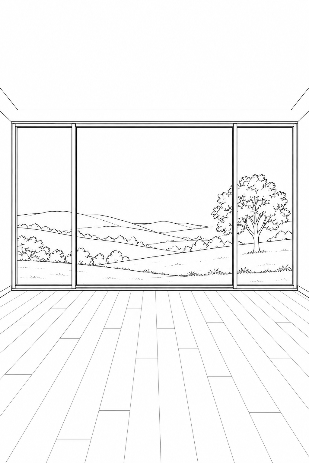 Realistisches modernes panorama fenster ausmalbild zum Ausmalen