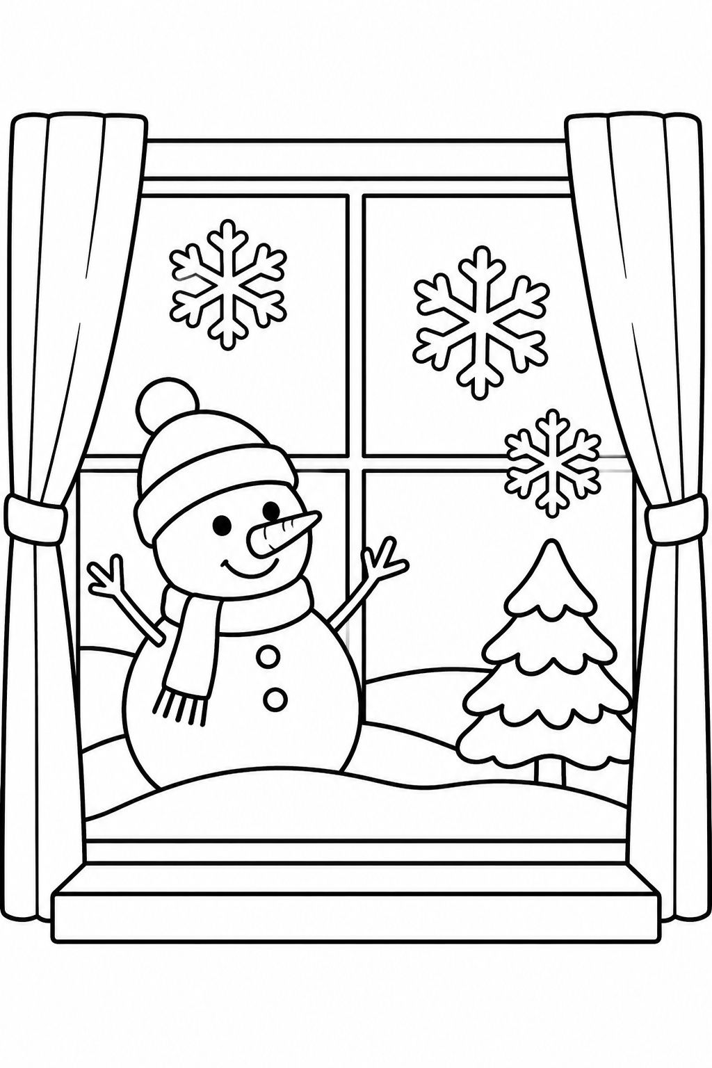 Winterfenster mit schneemann ausmalbild zum Ausmalen