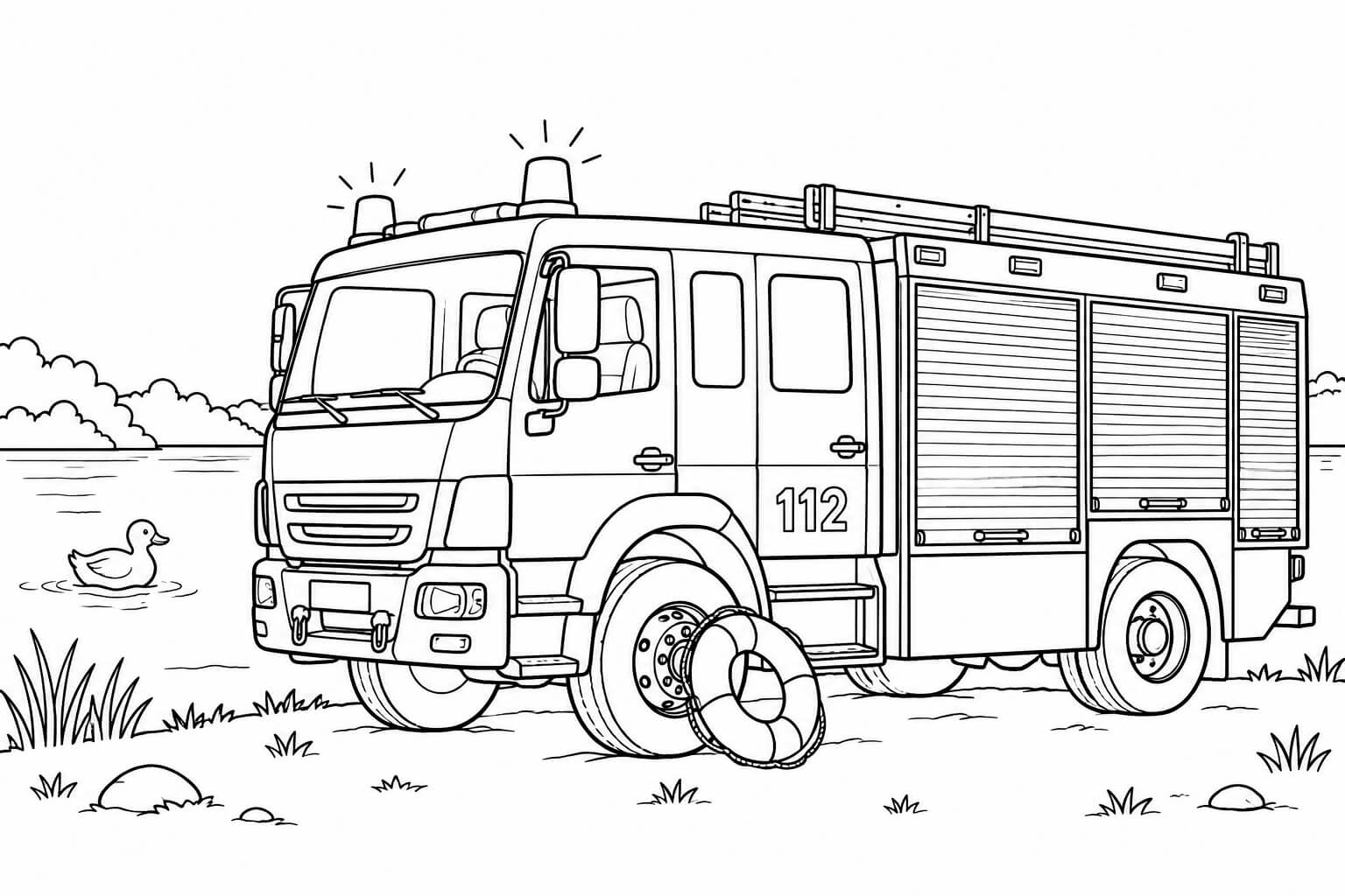 Feuerwehrauto am badesee ausmalbild zum Ausmalen