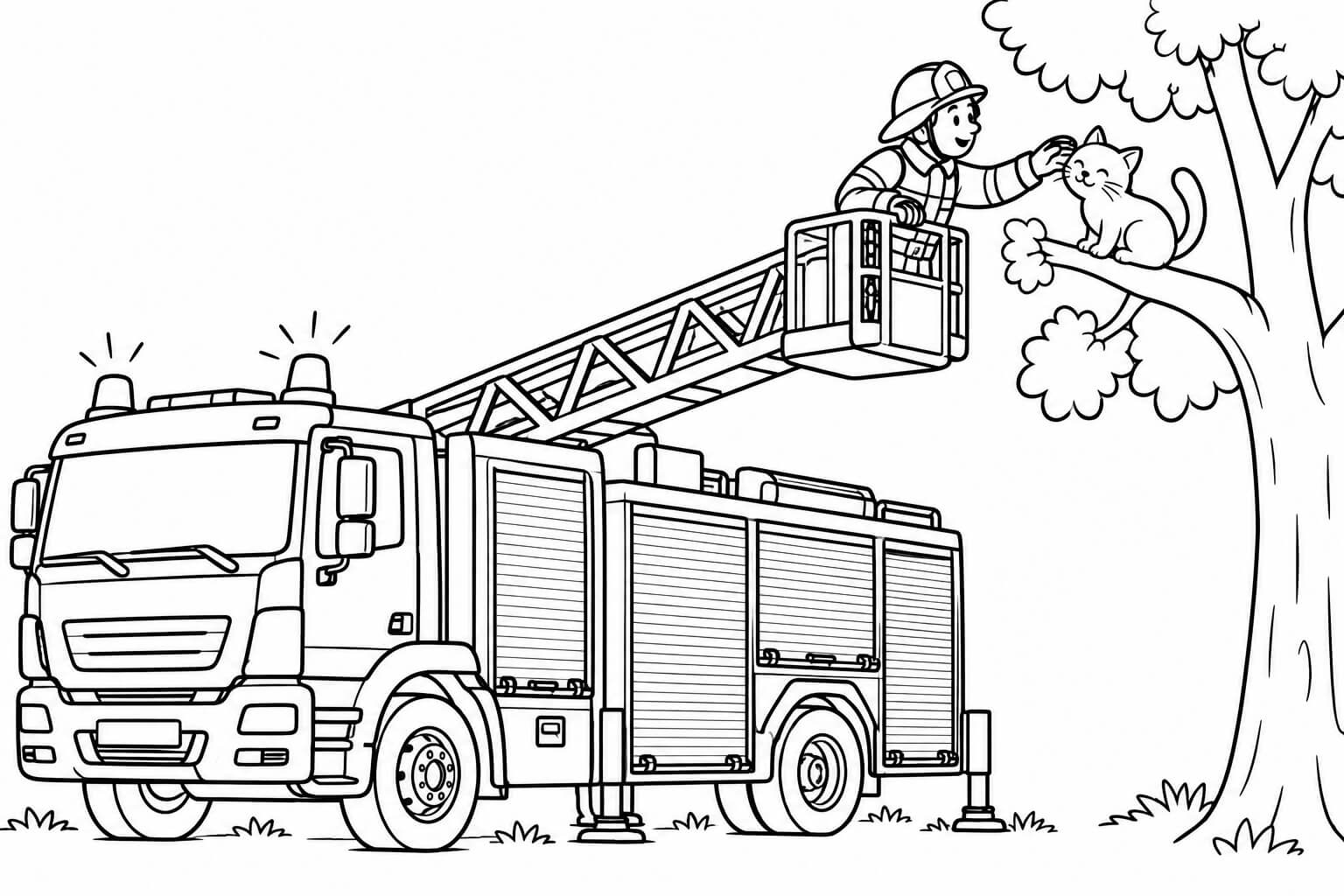 Feuerwehrauto bei der katzenrettung ausmalbild zum Ausmalen