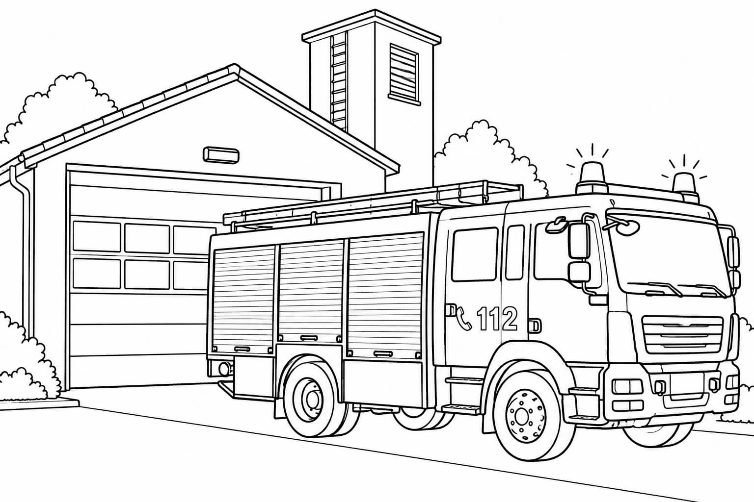 Feuerwehrauto vor dem feuerwehrhaus ausmalbild zum Ausmalen