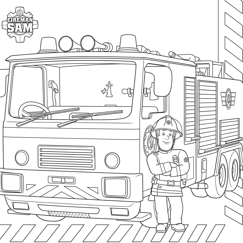 Feuerwehrmann sam mit feuerwehrauto ausmalbild zum Ausmalen
