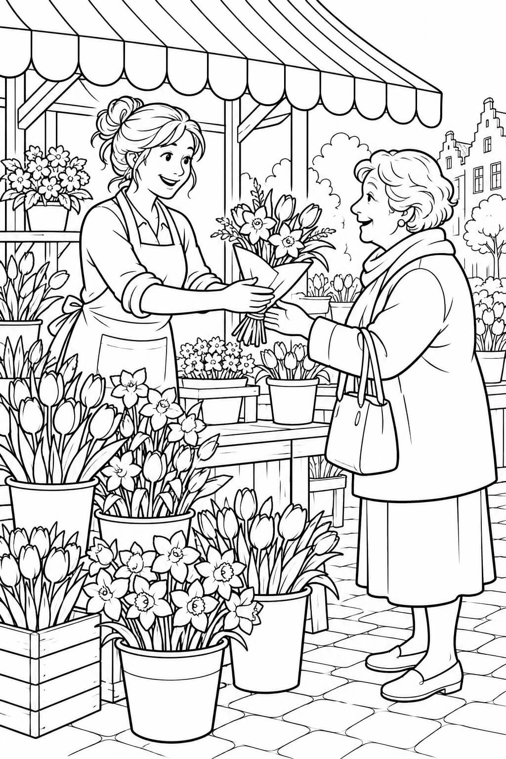 Fruehlingsmarkt mit blumen ausmalbild zum Ausmalen