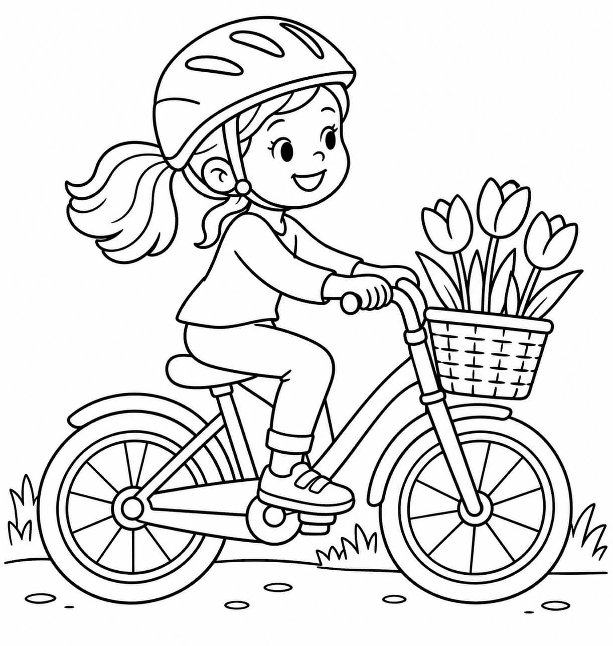 Kind mit blumenfahrrad ausmalbild zum Ausmalen