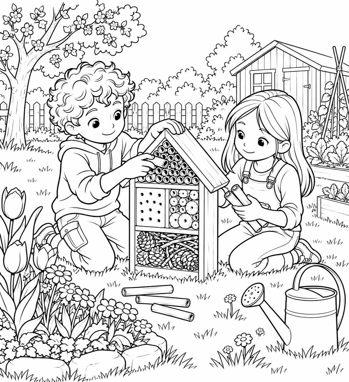 Kinder bauen insektenhotel ausmalbild zum Ausmalen