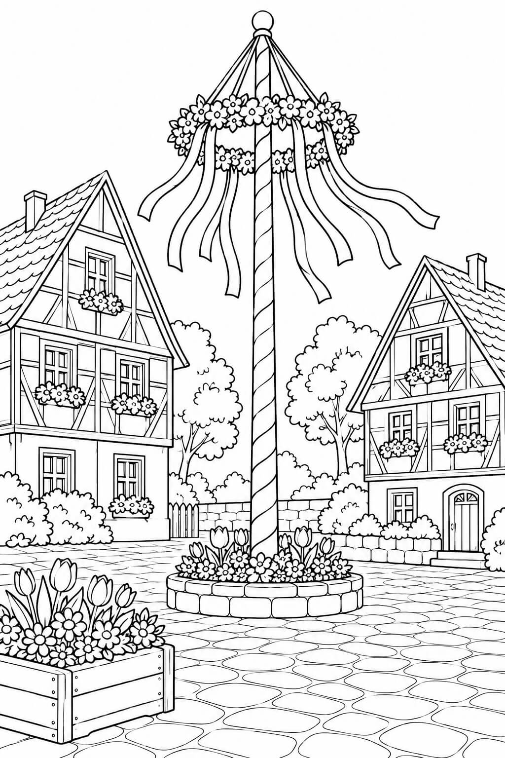 Maibaum auf dorfplatz ausmalbild zum Ausmalen