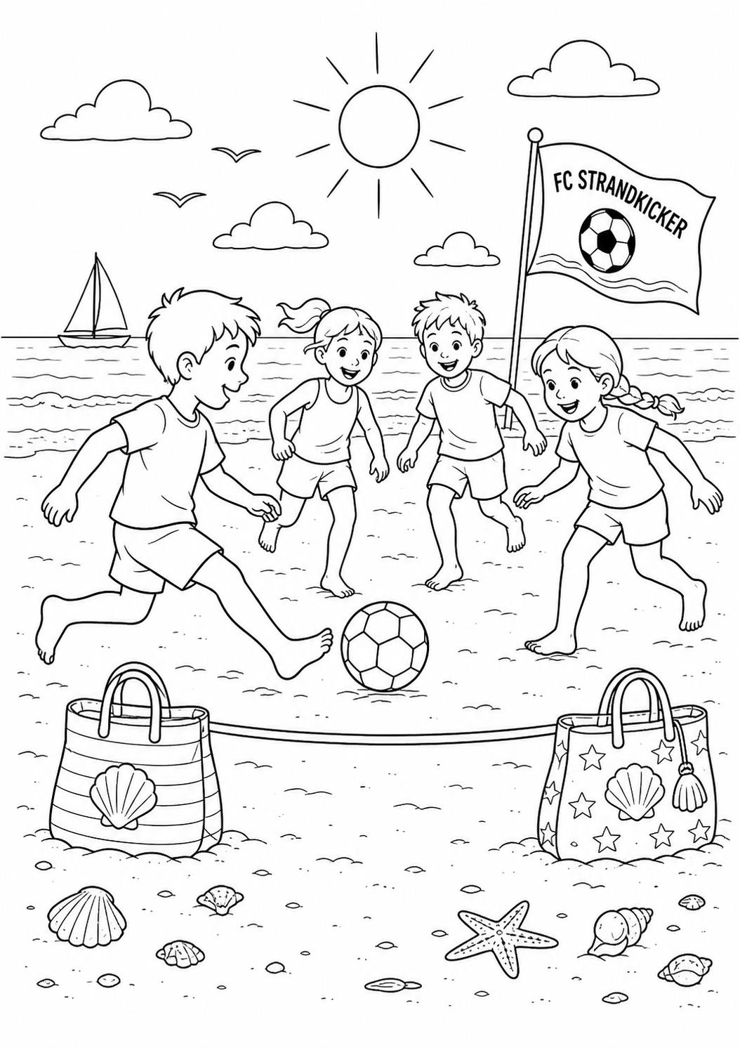 Fussball am strand ausmalbild zum Ausmalen