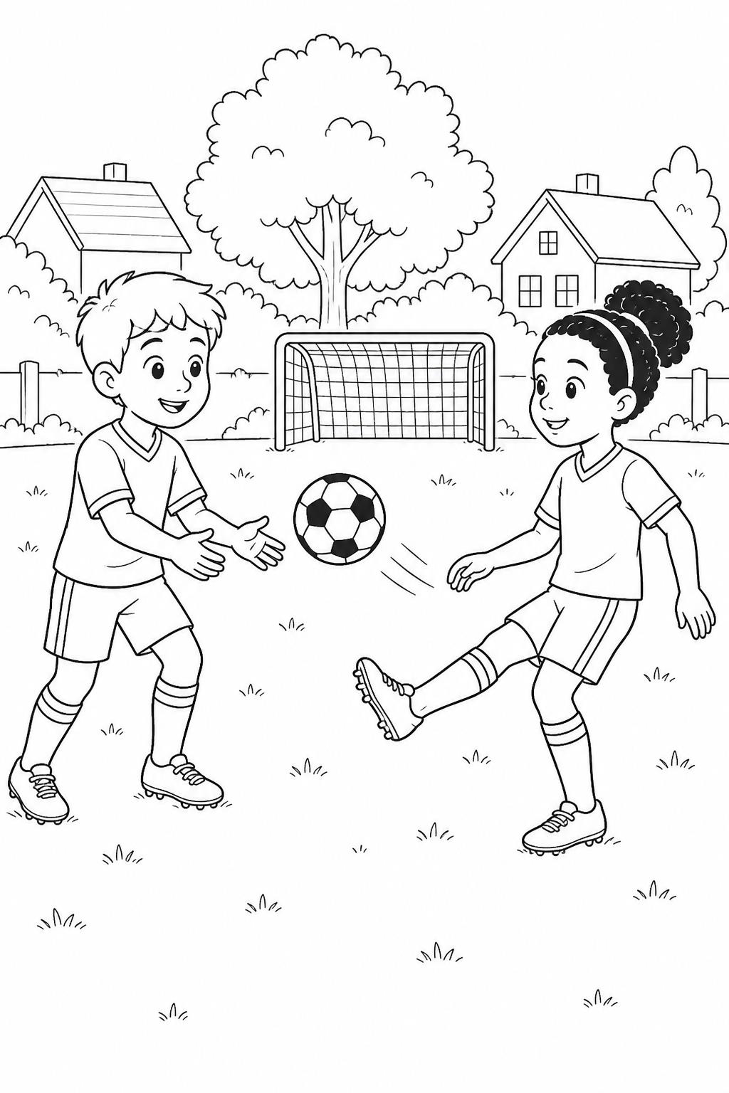 Zwei kinder spielen fussball ausmalbild zum Ausmalen