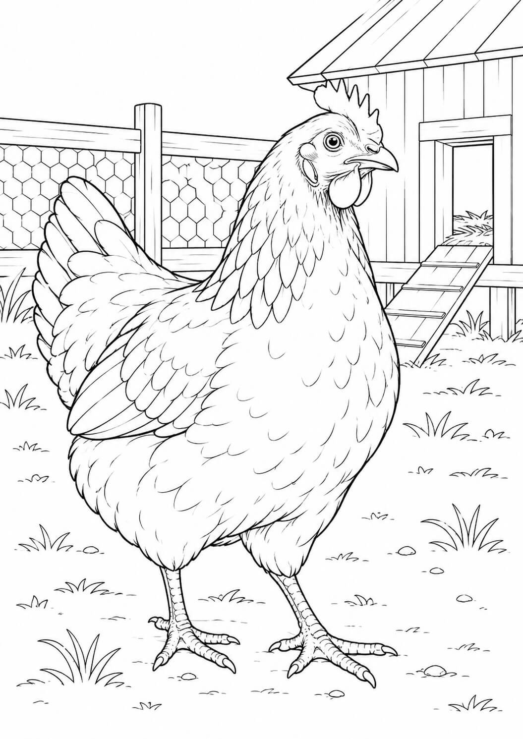 Realistisches huhn im huehnerhof ausmalbild zum Ausmalen