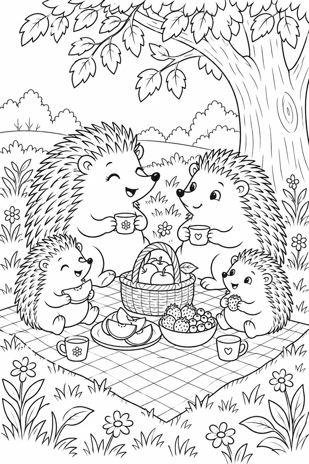 Igel beim picknick ausmalbild zum Ausmalen