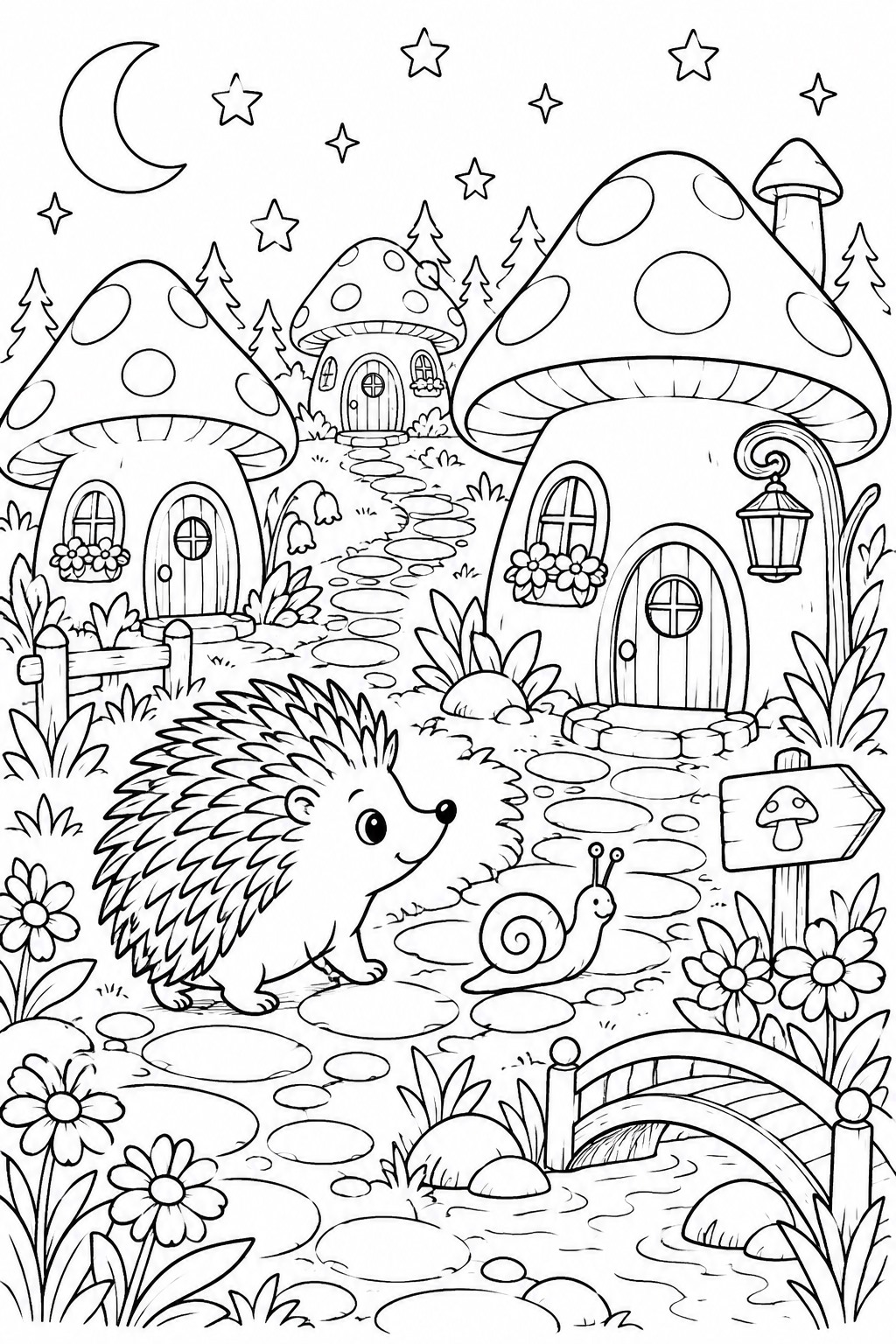 Igel im magischen pilzdorf ausmalbild zum Ausmalen