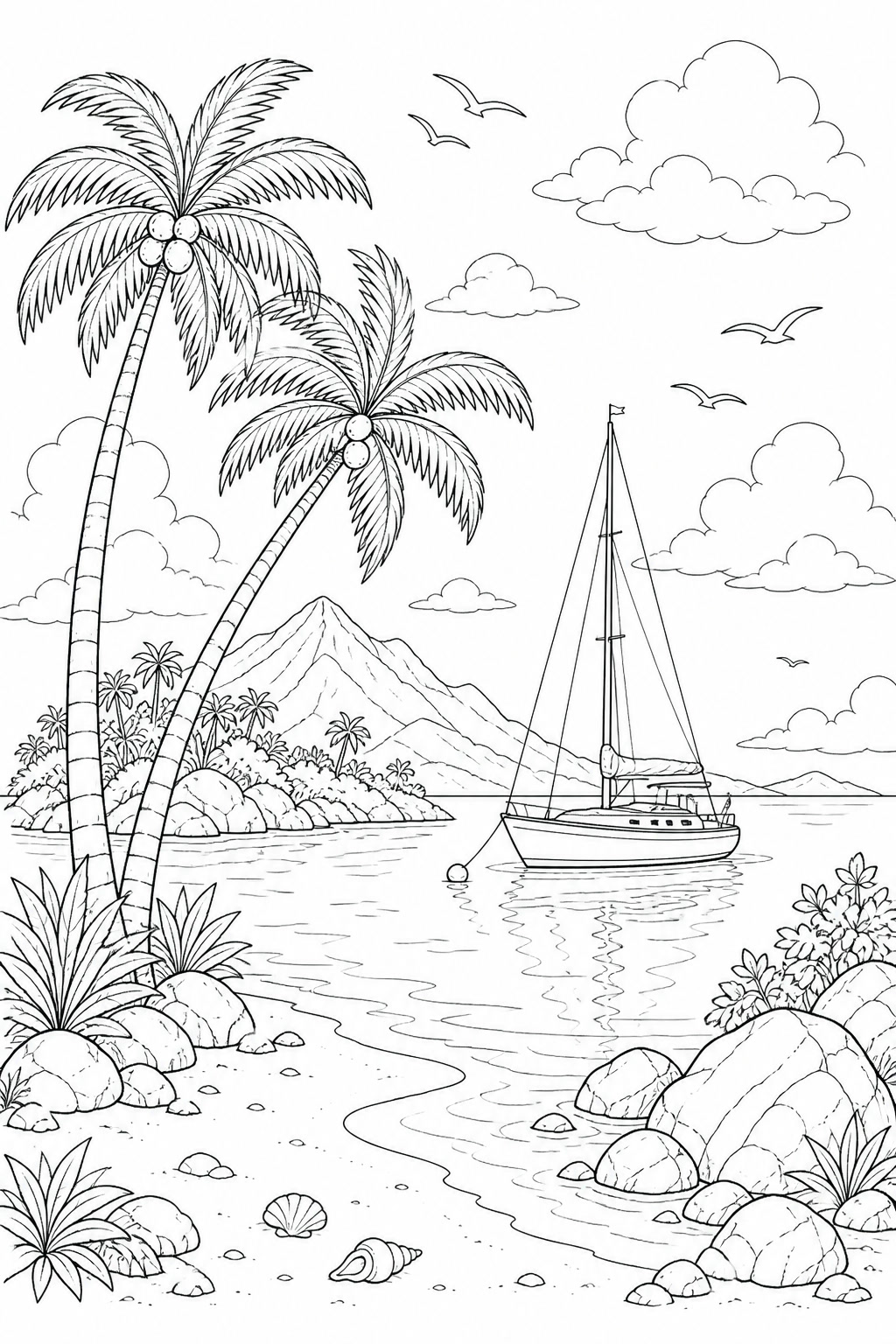 Einsame insel mit segelboot ausmalbild zum Ausmalen