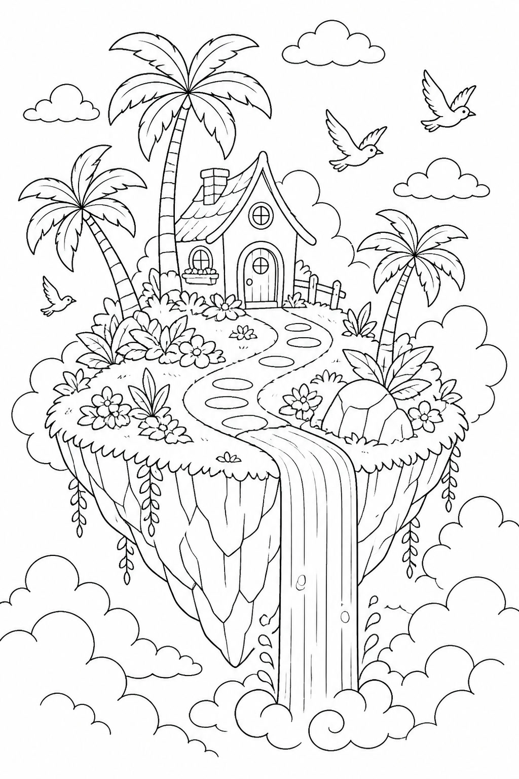 Fliegende insel mit wasserfall ausmalbild zum Ausmalen